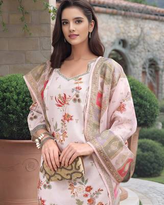 Off white color linen digital printed readymade suit for trendy looks 3