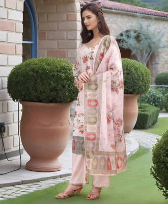 Off white color linen digital printed readymade suit for trendy looks 4