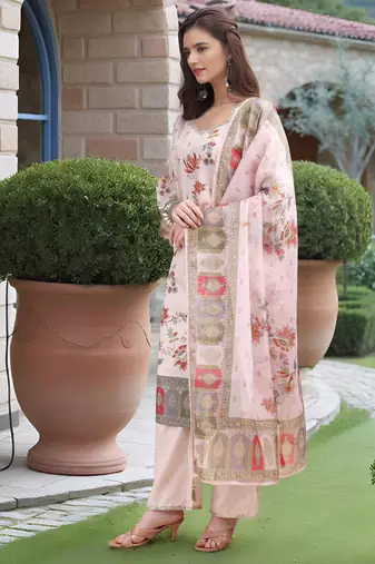 Off white color linen digital printed readymade suit for trendy looks