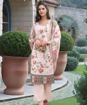 Off white color linen digital printed readymade suit for trendy looks 5