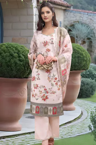 Off white color linen digital printed readymade suit for trendy looks