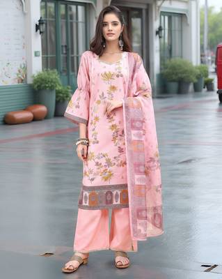 Pink color linen digital printed readymade suit for trendy looks 1