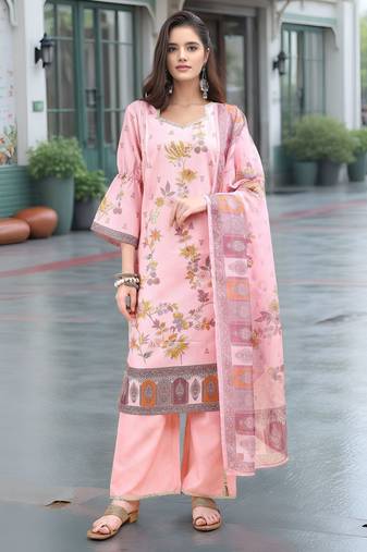 Pink color linen fabric digital printed ethnic readymade suit for trendy looks