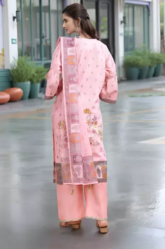 Pink color linen digital printed readymade suit for trendy looks