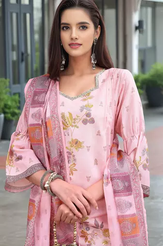 Pink color linen digital printed readymade suit for trendy looks