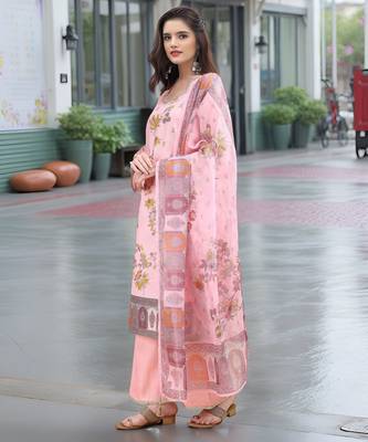 Pink color linen digital printed readymade suit for trendy looks 4