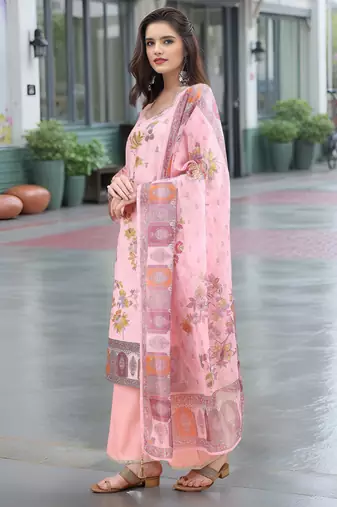 Pink color linen digital printed readymade suit for trendy looks
