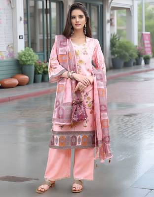Pink color linen digital printed readymade suit for trendy looks 5