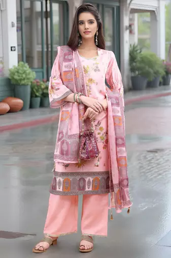 Pink color linen digital printed readymade suit for trendy looks