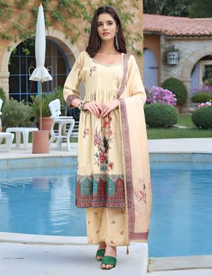 Beige color linen digital printed readymade suit for trendy looks 1
