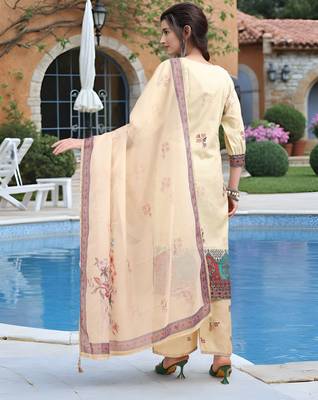 Beige color linen digital printed readymade suit for trendy looks 2