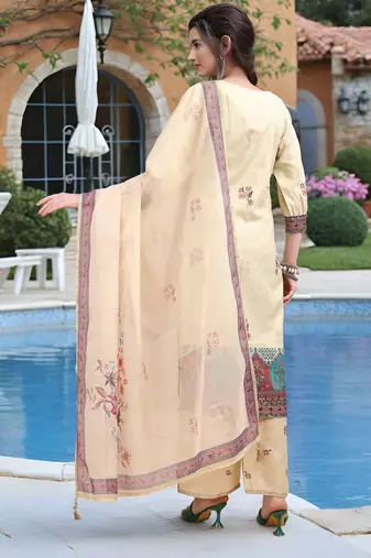 Beige color linen digital printed readymade suit for trendy looks