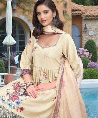 Beige color linen digital printed readymade suit for trendy looks 3