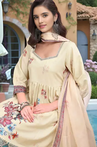Beige color linen digital printed readymade suit for trendy looks