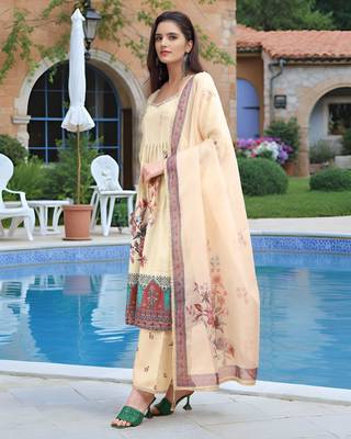 Beige color linen digital printed readymade suit for trendy looks 4