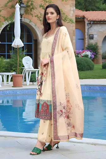 Beige color linen digital printed readymade suit for trendy looks