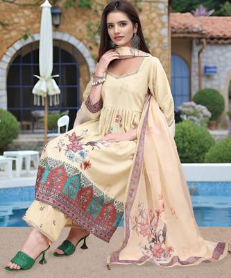 Beige color linen digital printed readymade suit for trendy looks 5