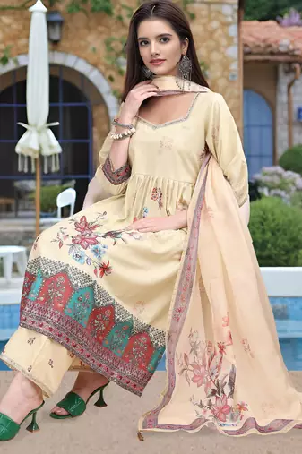 Beige color linen digital printed readymade suit for trendy looks