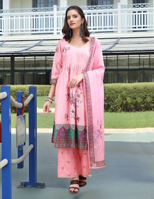 Pink color linen digital printed readymade suit for trendy looks 1
