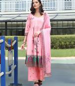 Pink color linen fabric digital printed ethnic readymade suit for trendy looks
