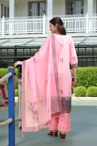 Pink color linen digital printed readymade suit for trendy looks