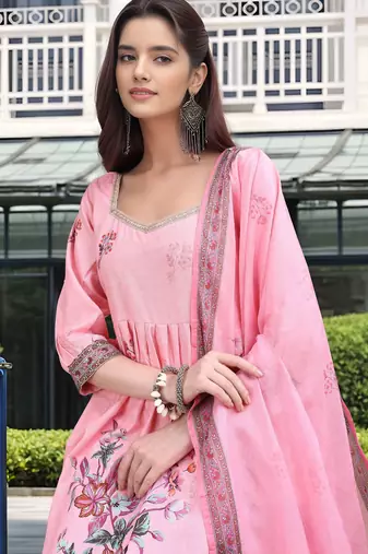 Pink color linen digital printed readymade suit for trendy looks