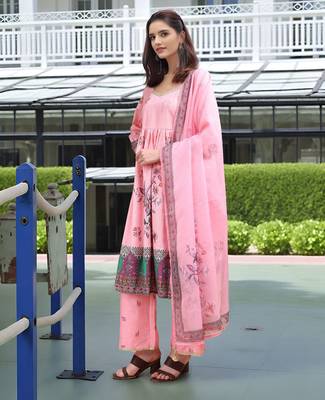 Pink color linen digital printed readymade suit for trendy looks 4
