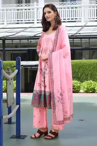 Pink color linen digital printed readymade suit for trendy looks