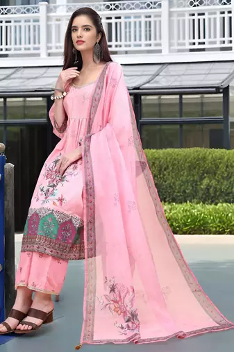 Pink color linen digital printed readymade suit for trendy looks