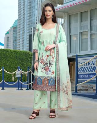 Sea green color linen digital printed readymade suit for trendy looks 1