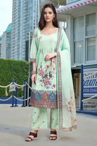 Sea green color linen fabric digital printed ethnic readymade suit for trendy looks