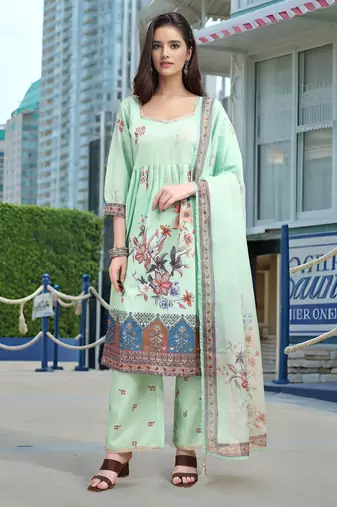 Sea green color linen fabric digital printed ethnic readymade suit for trendy looks