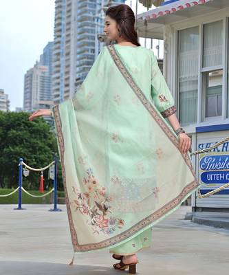 Sea green color linen digital printed readymade suit for trendy looks 2