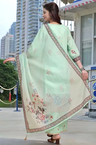 Sea green color linen digital printed readymade suit for trendy looks