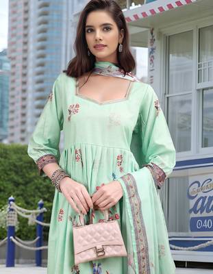 Sea green color linen digital printed readymade suit for trendy looks 3