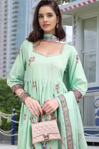 Sea green color linen digital printed readymade suit for trendy looks
