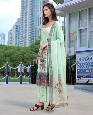 Sea green color linen digital printed readymade suit for trendy looks 4