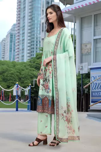 Sea green color linen digital printed readymade suit for trendy looks