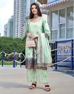 Sea green color linen digital printed readymade suit for trendy looks 5
