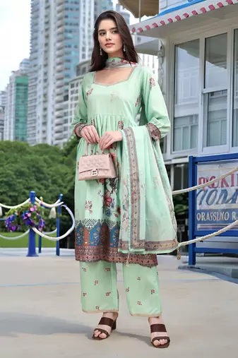 Sea green color linen digital printed readymade suit for trendy looks