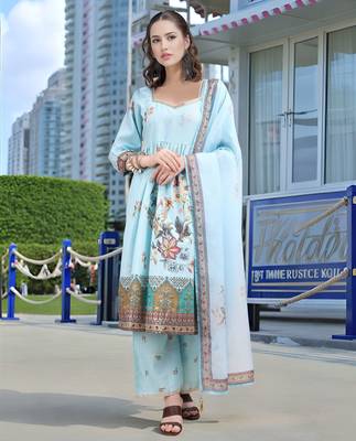 Sky blue color linen digital printed readymade suit for trendy looks 1