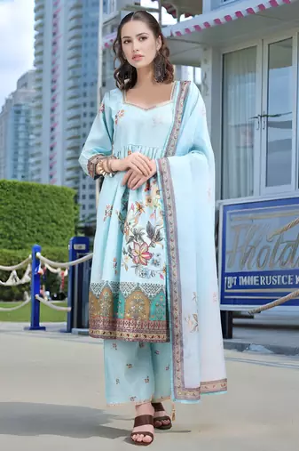 Sky blue color linen fabric digital printed ethnic readymade suit for trendy looks