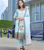 Sky blue color linen fabric digital printed ethnic readymade suit for trendy looks