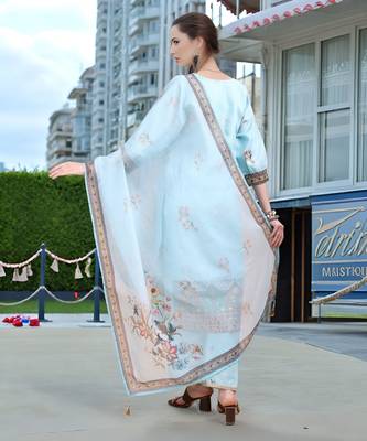 Sky blue color linen digital printed readymade suit for trendy looks 2