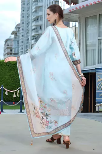 Sky blue color linen digital printed readymade suit for trendy looks