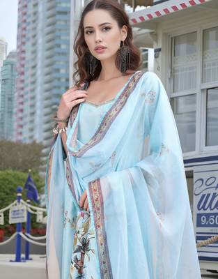Sky blue color linen digital printed readymade suit for trendy looks 3