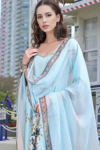 Sky blue color linen digital printed readymade suit for trendy looks