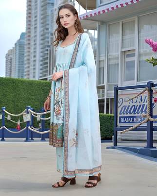 Sky blue color linen digital printed readymade suit for trendy looks 4