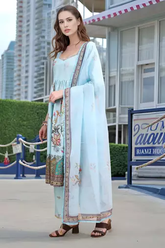 Sky blue color linen digital printed readymade suit for trendy looks