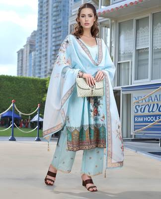 Sky blue color linen digital printed readymade suit for trendy looks 5